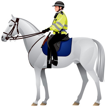 Horse, Police, Woman, London, Mounted Police Unit In United Kingdom, City Of London Policewoman Riding A Horse, Mounted Police Rider, Girl In Police Uniform On A White Horse Vector Illustration