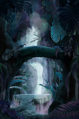Inside a deep mystical jungle canyon at night, can be used as background, wallpaper