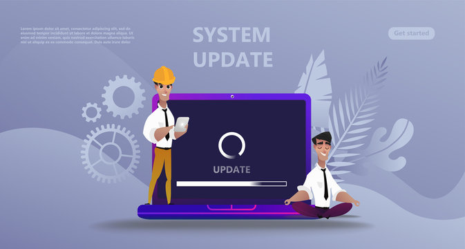 Maintenance update system upgrate concept. Characters design   people update operation system, use for landing page, template,   flyer, mobile app, web, banner, poster. Computer upgrade maintenance