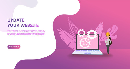 Maintenance update system upgrate concept. Characters design   people update operation system, use for landing page, template,   flyer, mobile app, web, banner, poster. Computer upgrade maintenance