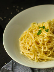 pasta, Spaghetti or Bucatini - portion. Italian food. top view