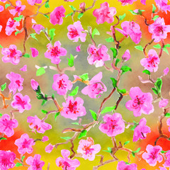  Sakura flowers - watercolor seamless pattern, pink on a bright background - red, yellow and blue color spots. Postcards and paintings, wallpapers and posters, fashion design.