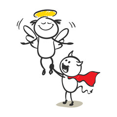 Angel and devil. Funny little man, vector illustration.