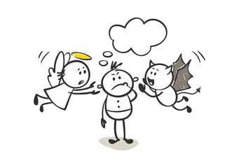 Angel and the devil give advice. Funny little man, vector illustration.