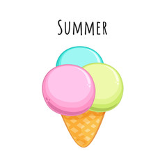 Cartoon ice cream balls in waffle cones. Cute vector illustration isolated on white background.