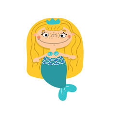 Beautiful little mermaid with long hair. Water nymph. Sea theme. Isolated vector illustration on a white background.
