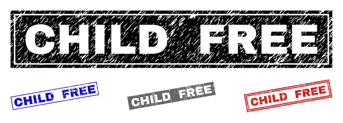 Grunge CHILD FREE rectangle stamp seals isolated on a white background. Rectangular seals with distress texture in red, blue, black and gray colors.