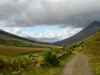 hiking path going through a valley with mountains