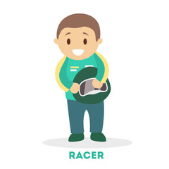 Cute little racer boy in uniform. Child play