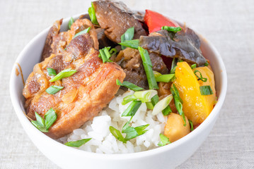 Bowl of rice with spicy pork and vegetables close up - traditional asian dish