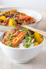 A bowl of rice with pork, eggplant and sweet pepper - a traditional Japanese dish
