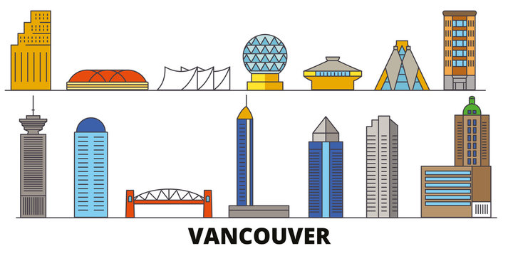 Canada, Vancouver flat landmarks vector illustration. Canada, Vancouver line city with famous travel sights, design skyline. 