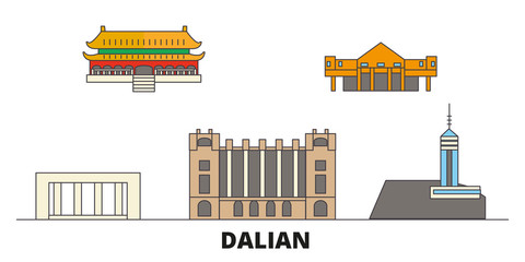 China, Dalian flat landmarks vector illustration. China, Dalian line city with famous travel sights, design skyline.  - obrazy, fototapety, plakaty