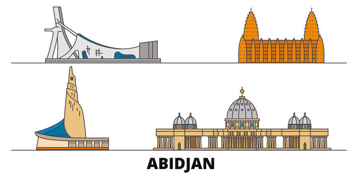 Cote Divoire, Abidjan flat landmarks vector illustration. Cote Divoire, Abidjan line city with famous travel sights, design skyline. 