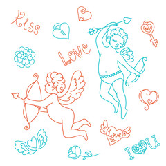 Valentine's day set of cartoon design elements. Two cute little angel with a bow and arrow, heart, wings, crown, butterfly,bow, key, bird, gift, love, a flower, a kiss. The doodles set vector illustra