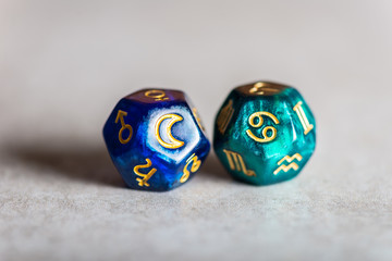 Astrology Dice with zodiac symbol of Cancer and its ruling celestial body the Moon
