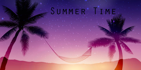 Obraz premium Tropical summer background with with palms, sky and sunset