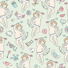 Cute cartoon angel with bow and arrow. Doodle design elements Valentine's Day. Heart, wings, crown, butterfly, bow, key, bird, gift, love, a flower, a kiss. Seamless pattern vector illustration.