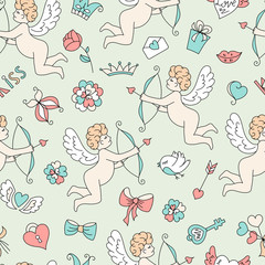 Cute cartoon angel with bow and arrow. Doodle design elements Valentine's Day. Heart, wings, crown, butterfly, bow, key, bird, gift, love, a flower, a kiss. Seamless pattern vector illustration.