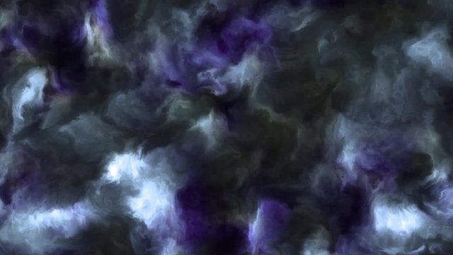 Loopable 4k video of stormy blue and purple clouds in a nebula in space, slowly moving, forming and dissolving, 4k, 3840p, 24fps