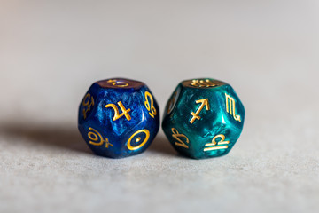 Astrology Dice with zodiac symbol of Sagittarius and its ruling planet Jupiter