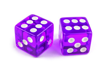 Two purple glass dice isolated on white background. Six and six.