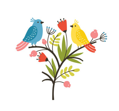 Seasonal composition with pair of lovely cute birds sitting on branch with blooming spring flowers and leaves