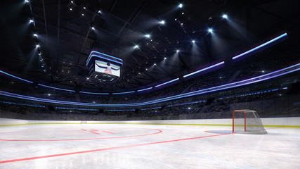 empty ice hockey arena inside playground view illuminated by spotlights, hockey and skating stadium indoor 3D render illustration background, my own design. © LeArchitecto