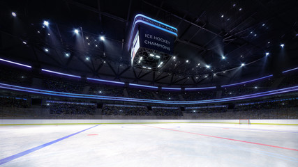 empty ice hockey arena indoor playground view illuminated by spotlights., hockey and skating stadium indoor 3D render illustration background, my own design. © LeArchitecto