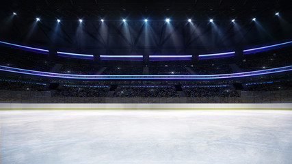 Fototapeta na wymiar empty ice rink arena indoor view illuminated by spotlights, hockey and skating stadium indoor 3D render illustration background, my own design.