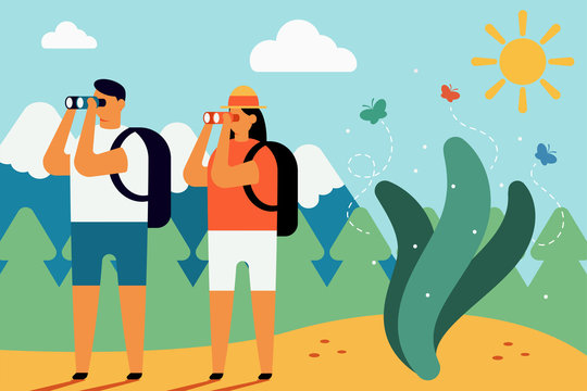 Couple hikers on mountain and forest landscape. Vector cartoon flat illustration.
