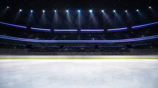 empty ice rink arena indoor view illuminated by spotlights, hockey and skating stadium indoor 3D render illustration background, my own design.