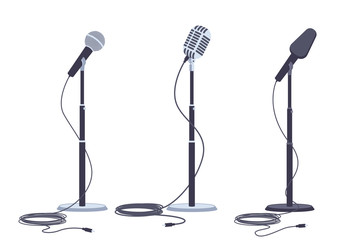 Microphones on stand vector flat set of modern and retro music audio equipment isolated on white background.