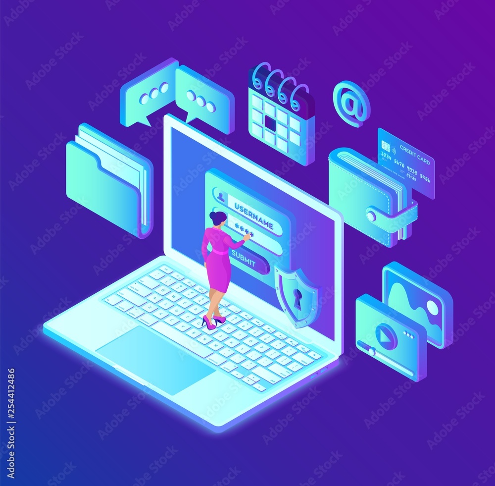 Poster data protection. desktop pc with authorization form on screen, personal data protection. user female