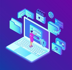 Data protection. Desktop pc with authorization form on screen, personal data protection. User female character. Data access, login form on laptop screen. 3d isometric design. Vector illustration.