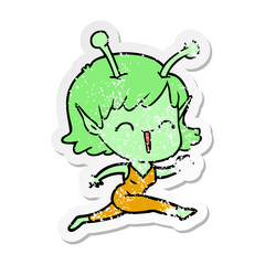 distressed sticker of a cartoon alien girl laughing