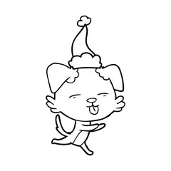 line drawing of a dog sticking out tongue wearing santa hat