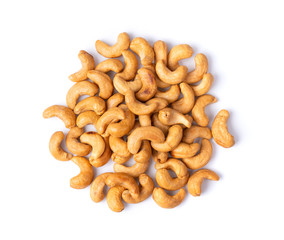 oasted cashew nuts with salted  isolated on white background. topvview