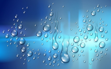 Naklejka na ściany i meble Water rain drops or condensation over blurred city background beyond the window, realistic transparent 3d vector illustration, easy to put over any background or use droplets separately.