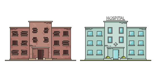 Hospital: Abandoned and Repaired. Flat Line Style. Vector Illustration