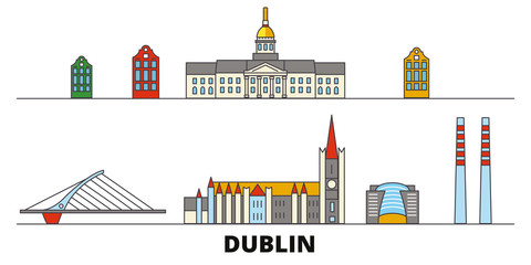 Naklejka premium Ilustracja wektorowa płaskie zabytki Irland, Dublin. Irland, miasto na linii Dublina ze słynnymi atrakcjami turystycznymi, designerską panoramą.