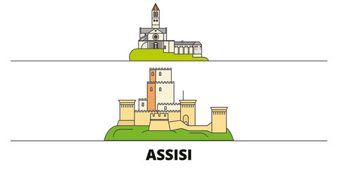 Italy, Assisi flat landmarks vector illustration. Italy, Assisi line city with famous travel sights, design skyline.  - obrazy, fototapety, plakaty