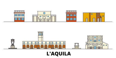 Italy, L'aquila flat landmarks vector illustration. Italy, L'aquila line city with famous travel sights, design skyline. 