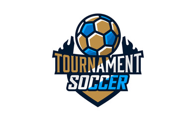 Logo football club, soccer ball emblem. Shield and flying soccer ball. Football school tournament, goal, competition, flame, fire. Colorful Vector Illustration