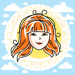 Woman face, human head. Vector character, beautiful red-haired female with stylish haircut.