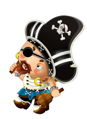 cartoon scene with pirate man captain with sword on his back on white background - illustration for children
