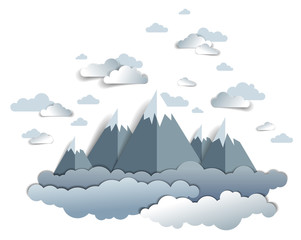 High mountain peaks range scenic landscape of summer with clouds in the sky, paper cut style childish illustration, holidays, travel and tourism theme.