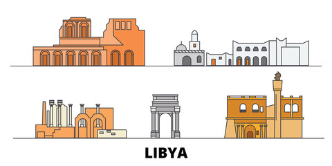 Libya flat landmarks vector illustration. Libya line city with famous travel sights, design skyline.  - obrazy, fototapety, plakaty