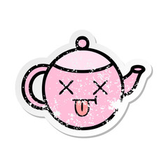 distressed sticker of a cute cartoon teapot