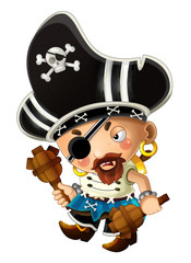 cartoon scene with pirate man captain with sword on his back on white background - illustration for children